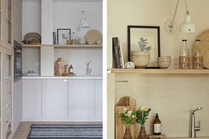 Mesada y alzada de Dekton ‘Danae’ (Canteras del Mundo). Apliques de pared 'Soho' con detalles en bronce de Apatheia, al igual que todos los utensilios y accesorios.