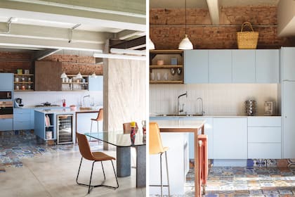 Mesadas ‘Aura’ de Dekton (Itati Marmolería). Alzada de revestimientos ‘Subway’ y grifería (Cortes). Bacha (Johnson Acero).Piso de porcelanato ‘Volta Color’ (Cerámica San Lorenzo). Lámparas sobre la isla (Vintage Lamps).