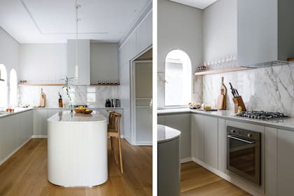 Mesadas de Dekton ‘Bergen’. Bajomesadas y alacenas laqueadas. Iluminación (Griscan). Anafe y horno (Whirlpool).