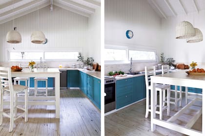 Mesadas de madera hidrolaqueada y bajomesada de MDF laqueado estilo country en turquesa oscuro (Vitruvio Zappa) con tiradores varios (anthropologie). Banquetas de madera (La Carreta) y pantallas de mimbre (Mercado de Frutos).