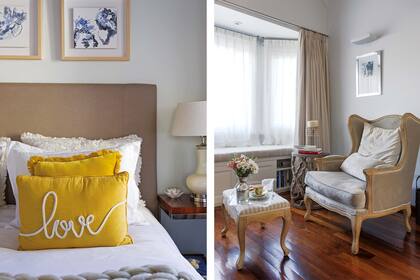 Mesita (Desde Asia) con lámpara cerámica y cabezal entelado (todo de Petite Margot). Obras de Daniela Ramsfelder. En la cama, almohadón bordado (Rapsodia Home). Cortinas black out forradas en lino. Sillón francés y mesita (Landmark).