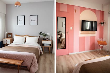 Mesitas de luz enchapadas en paraíso y con cajones laqueados (Palta Furn). La ropa de cama (Josephine Deco) combina un rosa bebé con tonos tierra.