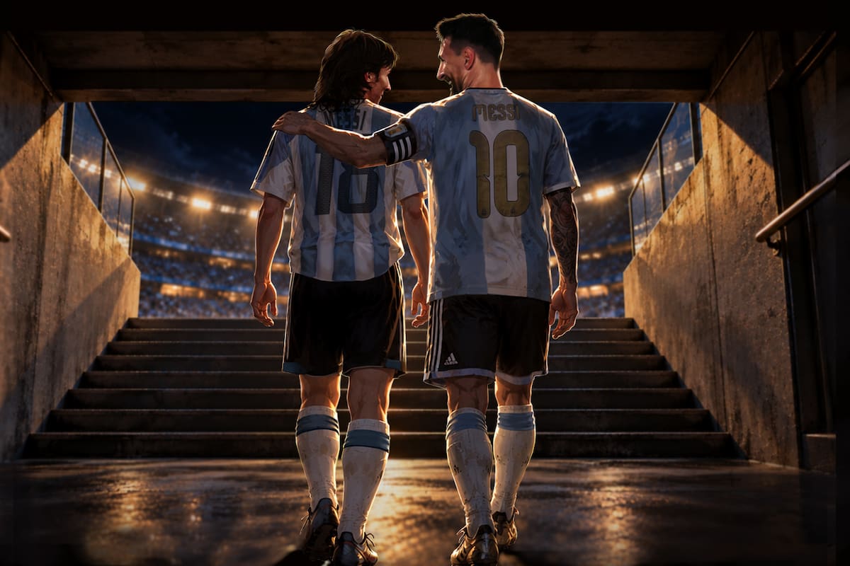 Messi, con 18 años, abrazado por el Messi, de 39