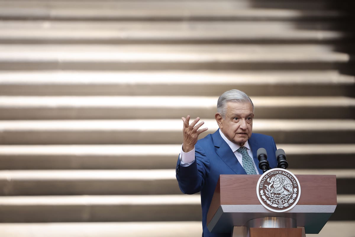 MEXICO CITY, MEXICO - JANUARY 10: President of Mexico Andres Manuel Lopez Obrador speaks during a message for the media as part of the '2023 North American Leaders' Summit at Palacio Nacional on January 10, 2023 in Mexico City, Mexico. President Lopez Obrador, USA President Joe Biden and Canadian Prime Minister Justin Trudeau gather in Mexico from January 9 to 11 as part of the 10th North American Leaders' Summit. The agenda includes topics on the climate change, immigration, trade and economic integration, security among others. (Photo by Hector Vivas/Getty Images)