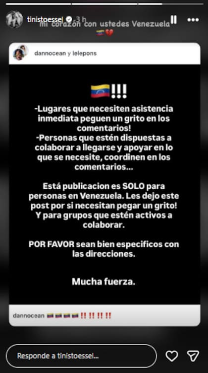 "Mi corazón con ustedes, Venezuela", escribió Tini Stoessel (Foto: Instagram @tinistoessel)