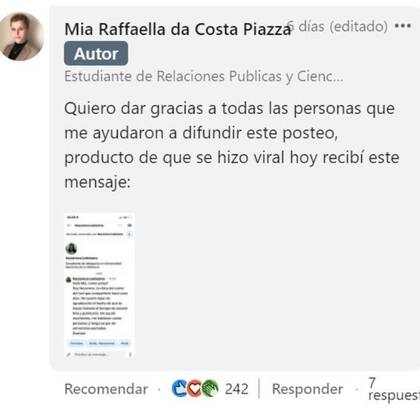 Mia, la usuaria de Linkedin que subió el CV de Nazarena, compartió el mensaje que la joven le había dejado por su acción