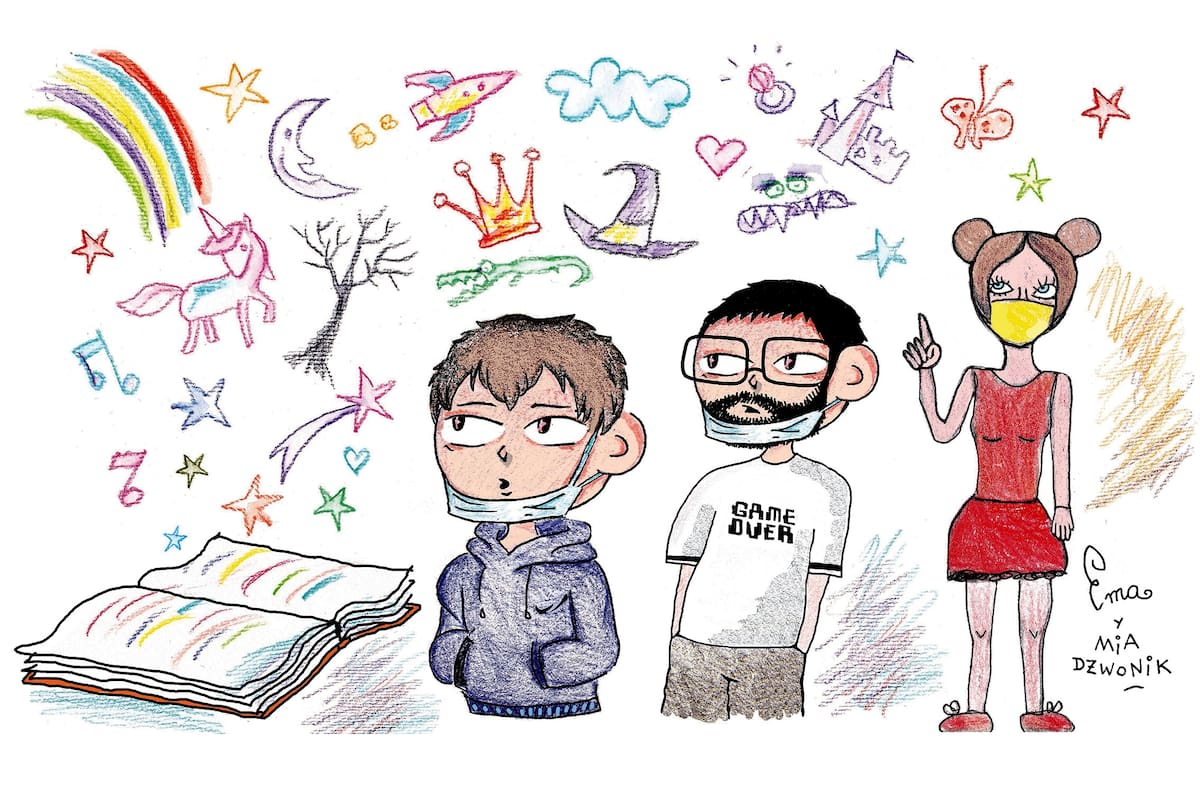 Mia y Ema Dzwonik, de 12 y 10 años, las hijas de Nik hicieron a cuatro manos una escena en la biblioteca del tío Tito