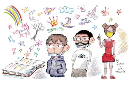 Mia y Ema Dzwonik, de 12 y 10 años, las hijas de Nik hicieron a cuatro manos una escena en la biblioteca del tío Tito