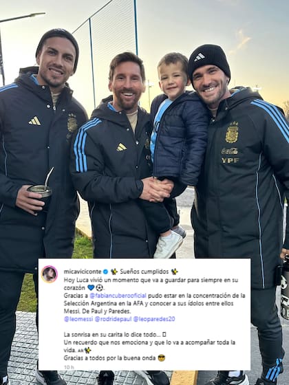 Mica Viccionte se emocionó con el encuentro de Luca Cubero con sus ídolos, Paredes, Messi y De Paul (Foto: Instagram @micaviciconte)