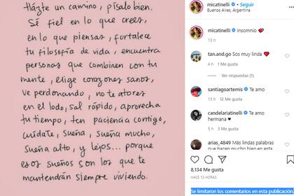 Micaella Tinelli se sumó al clan y desactivó los comentarios en sus publicaciones
