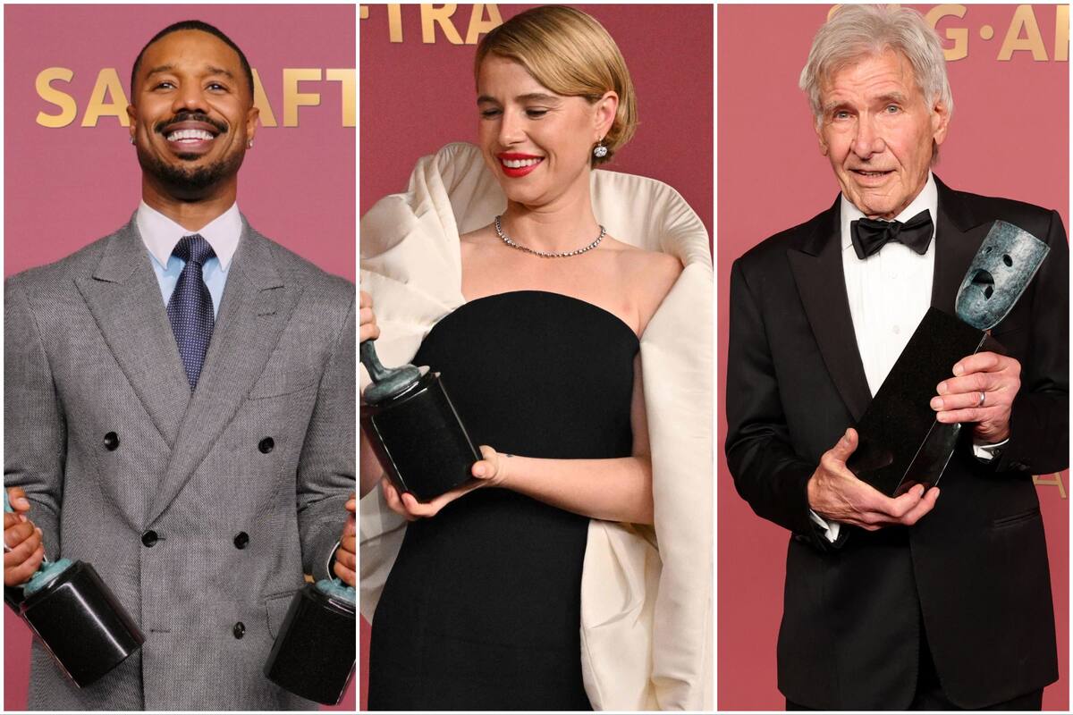 Michael B. Jordan, Jessie Buckley y Harrison Ford con los galardones que consiguieron anoche en la fiesta de los actores en Hollywood