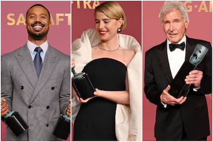 Michael B. Jordan, Jessie Buckley y Harrison Ford con los galardones que consiguieron anoche en la fiesta de los actores en Hollywood