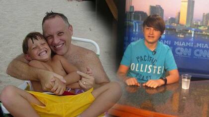 Michael con su padre en la playa (izq), y unos años después (der), cuando tenía 13 años, en una de las varias entrevistas que le hicieron por crear apps exitosas.