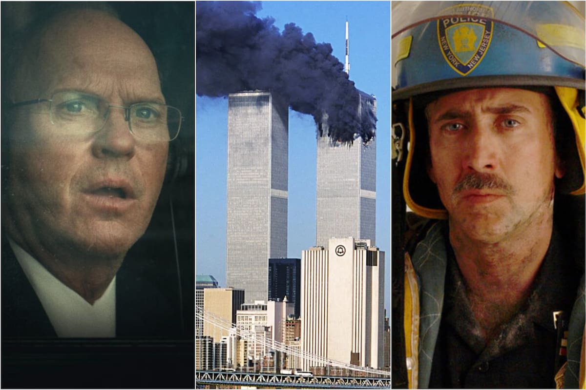 Michael Keaton (izquierda) protagonizó '¿Cuánto vale la vida?', un abogado que lucha por indemnizar a las familias de las víctimas de los atentados a las Torres Gemelas (centro), mientras que Nicolas Cage (izquierda) se puso en la piel de un bombero en la cinta 'World Trade Center'.