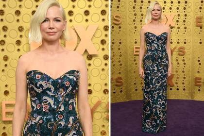 Michelle Williams lució un vestido largo, con un escote corazón