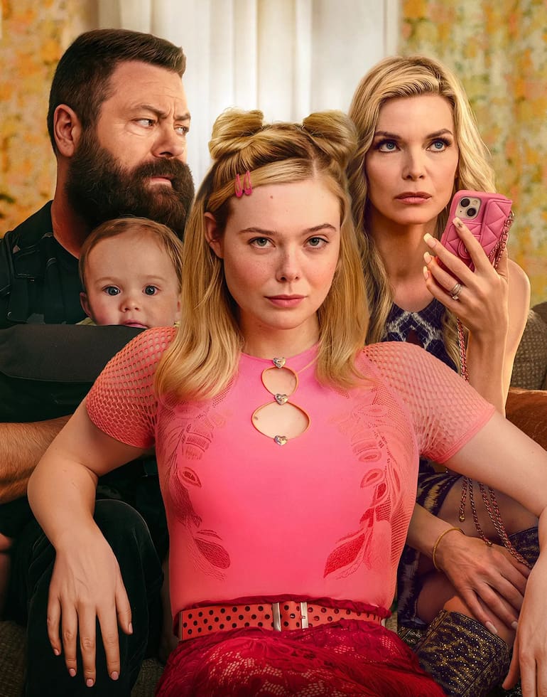 Michelle Pfeiffer, Nick Offerman, Elle Fanning y Graham Hendrix en la serie Margo tiene problemas de dinero