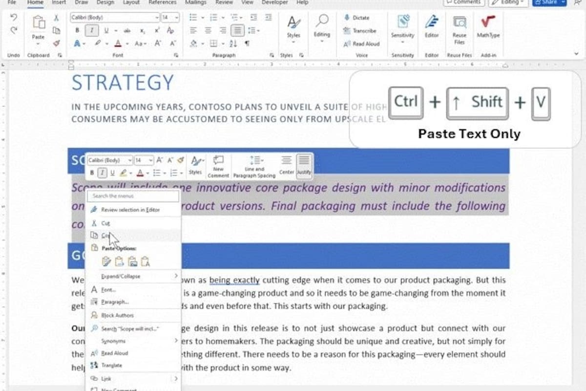Microsoft introduce una combinación de teclas en Word que copia sólo el texto e ignora el formato, algo que hasta ahora requería la elección de una opción en un menú desplegable