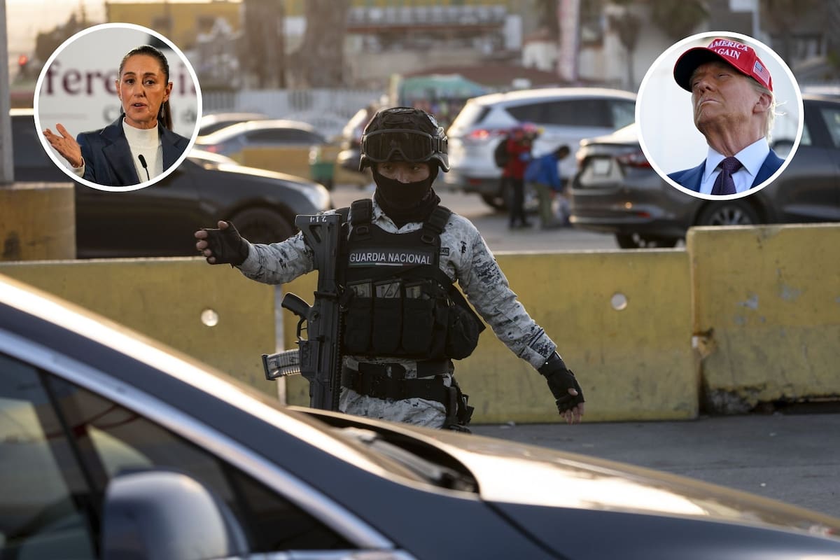 Miembro de la Guardia Nacional de México en la frontera de Tijuana con Estados Unidos (fotomontaje sobre imagen de Gregory Bull/AFP)