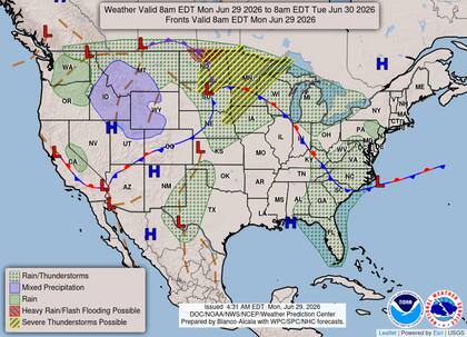 Mientras el calor domina el centro, una serie de perturbaciones atmosféricas llevarán lluvias intensas y tormentas severas al Alto Medio Oeste, con riesgo marginal de inundaciones por acumulación de agua