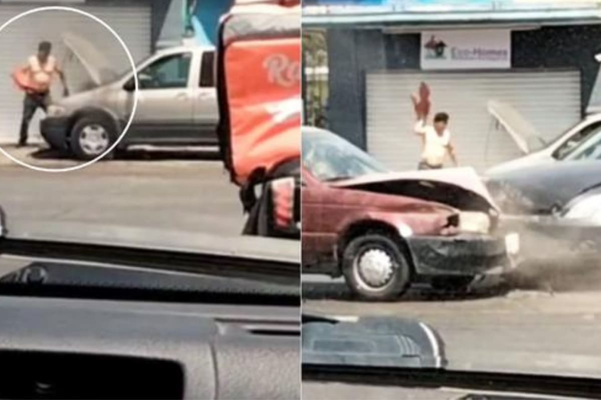 Mientras el hombre intentaba pagar el incendio en su auto, otros dos vehículos chocaron