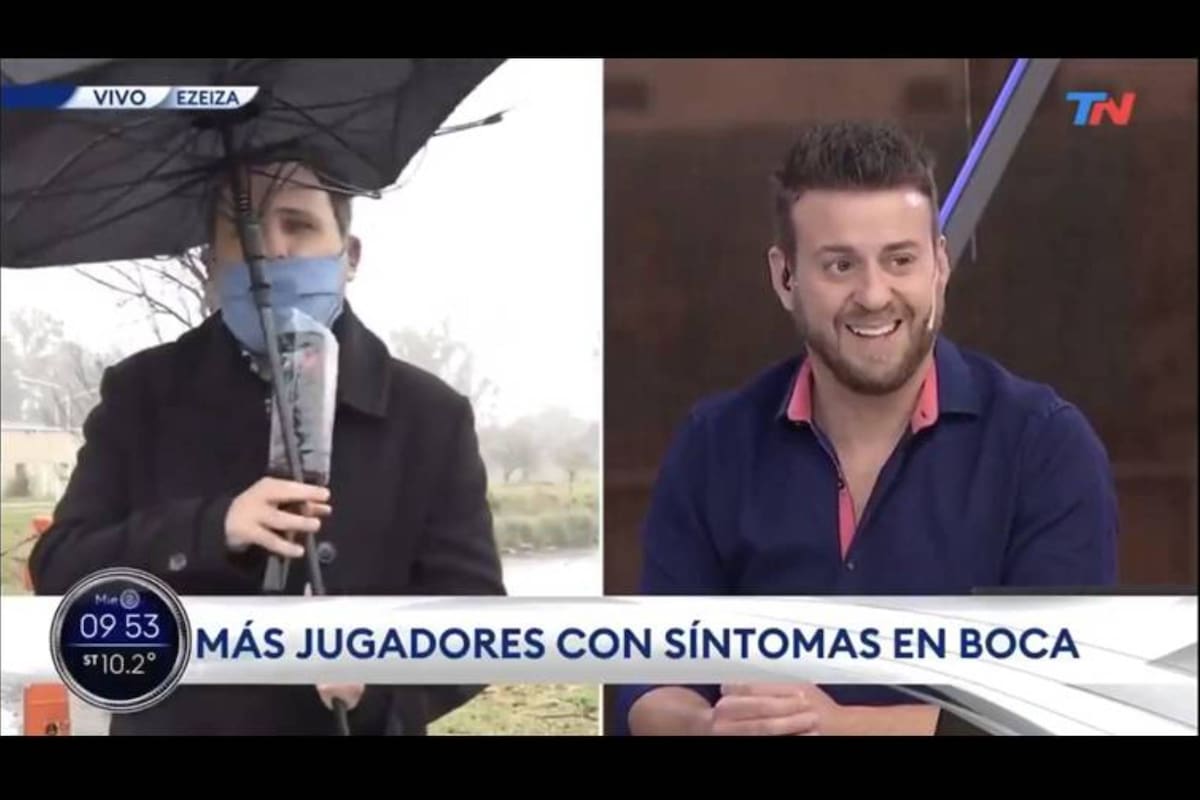 Mientras el periodista Sergio Charito de TN cubría, bajo la lluvia y el intenso viento, los casos sospechosos de coronavirus en el plantel de Boca, protagonizó un blooper que provocó la carcajada de sus compañeros en el piso del canal