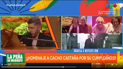 Mientras Jey brindaba homenaje con su interpretación, en el fondo la producción colocó imágenes de la trayectoria de Cacho Castaña
