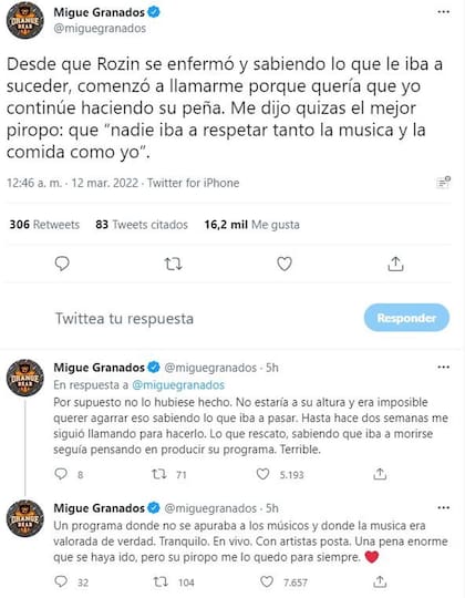 Migue Granados despidió a Gerardo Rozín en su Twitter
Foto: captura de pantalla