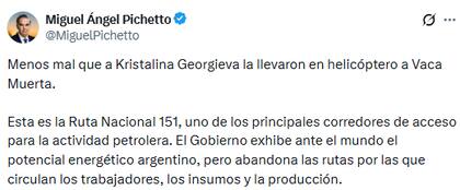 Miguel Ángel Pichetto señaló el mal estado de la ruta nacional 151, una de las principales vías de acceso a Vaca Muerta