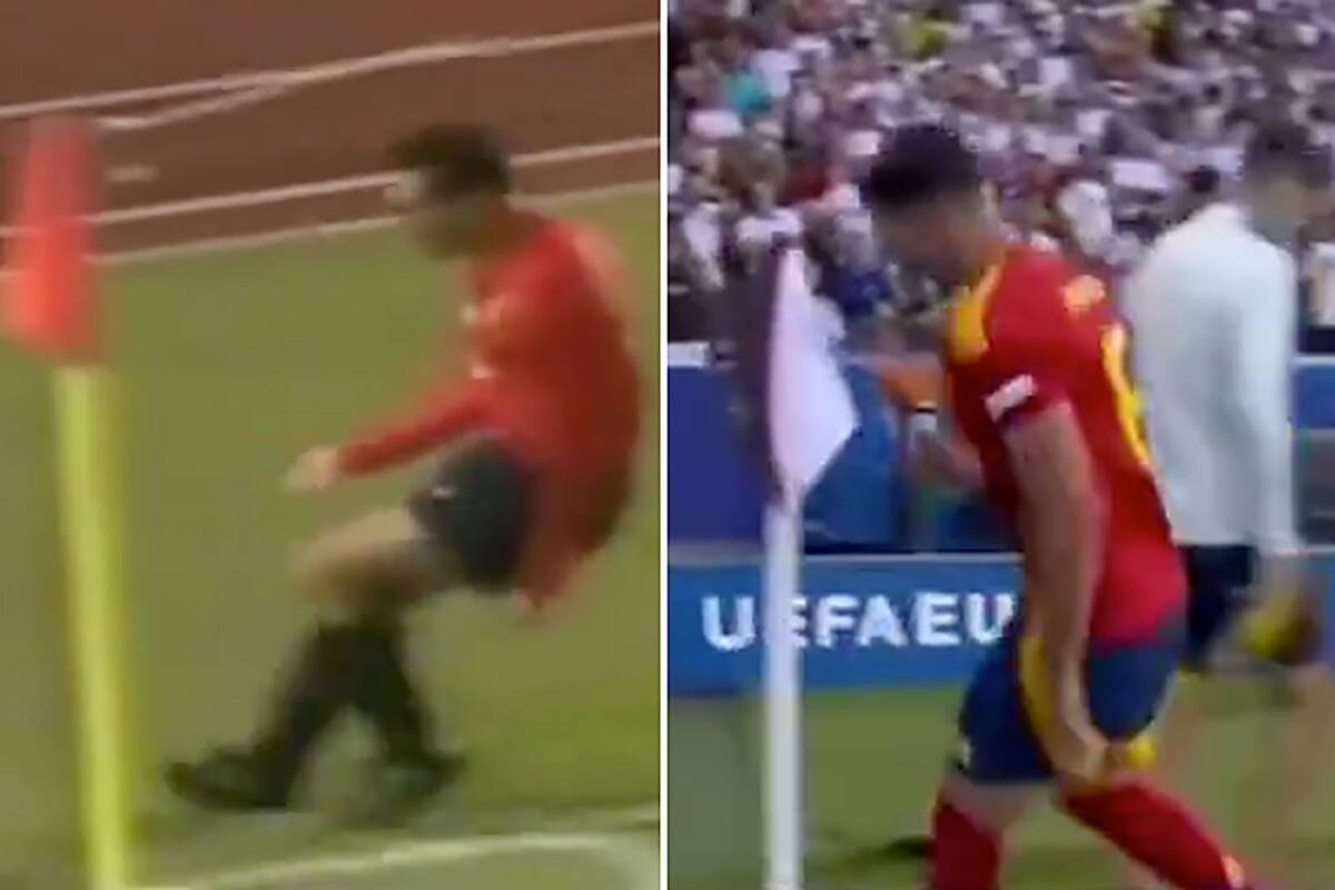 Miguel, en 1991, y Mikel, este viernes, celebran con una vuelta al banderín del mismo córner y del mismo estadio; los dos goles fueron cruciales para sus equipos, Osasuna y España, en Stuttgart.