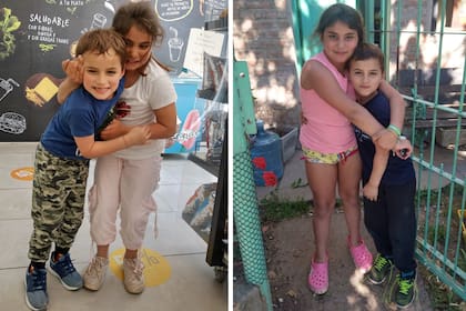 Miguel junto a su hermana Agostina: a la izquierda, el primer día que se vieron fuera del hogar de niños donde vivían; a la derecha, en otra de sus reuniones familiares con sus nuevos papá y mamá