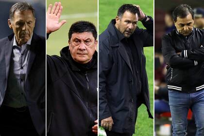 Miguel Russo (Boca), Germán Burgos (Newell’s), Diego Dabove (San Lorenzo) y Gustavo Coleoni (Central Córdoba de Santiago del Estero), cuatro de los 35 ciclos que se consumieron en los últimos 18 meses sin público en los estadios