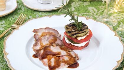 Mihojas de verduras grilladas y queso de cabra y Jamón glaseado con miel y especias