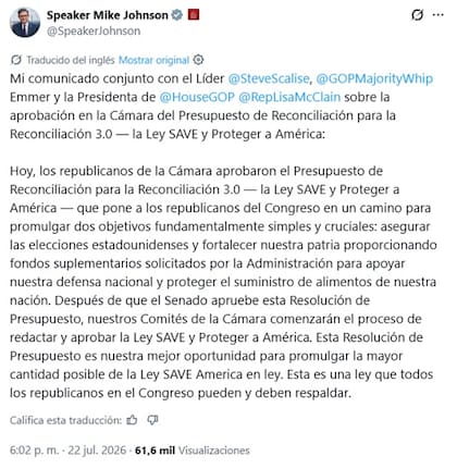 Mike Johnson sobre la ley SAVE America tras lo ocurrido en Nueva Jersey