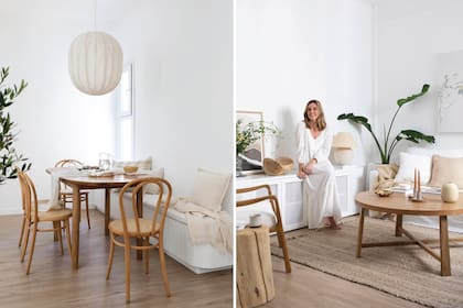 Milagros, creadora de la cuenta @estilo_calma. Mueble en madera laqueada y esterilla (Somos Wood Craft). Sobre el tronco de madera (Espacio Rumbita), taza de cerámica (Casa María Paula). Cuadro ‘Native’ (Matiz Haus). Cuenco de madera (Espacio Rumbita).