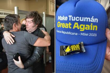 Milei con Bussi al llegar a Tucumán y las gorras que se repartieron en la actividad de hoy