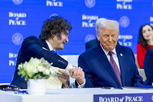 Milei cuando asistió al lanzamiento del "Consejo de Paz" lanzado por Trump, hoy en plena guerra con Irán