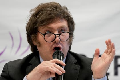Milei durante la conferencia de prensa en la que explicó sus dichos contra el peso y los ratificó