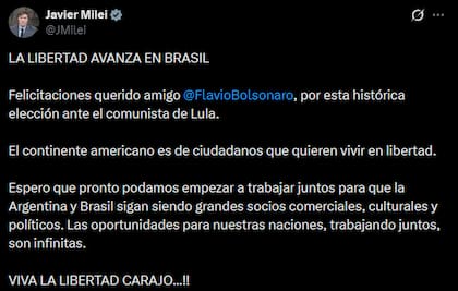 Milei felicitó a Bolsonaro y apuntó contra Lula