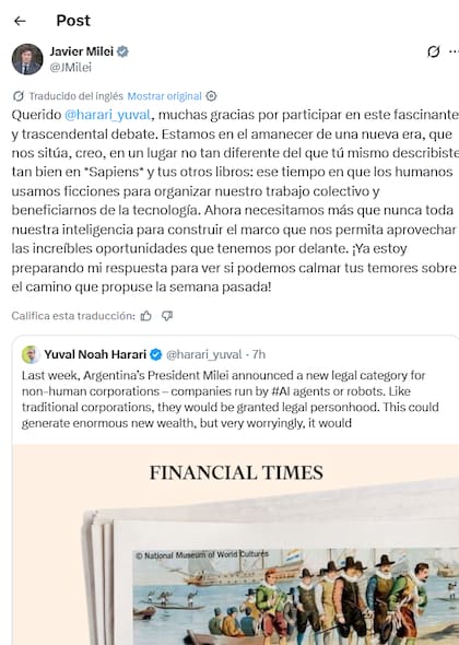 Milei le respondió al influyente historiador israelí