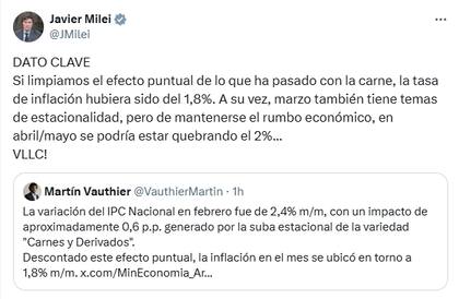 Milei pronosticó que en abril o mayo la inflación podría bajar del 2%