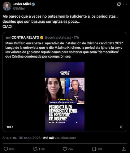 Milei reiteró su ataque al periodismo - @JMilei