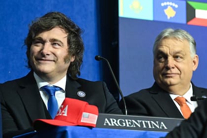 Milei y Orban durante la la ceremonia de la "Junta de la Paz" convocada por Trump