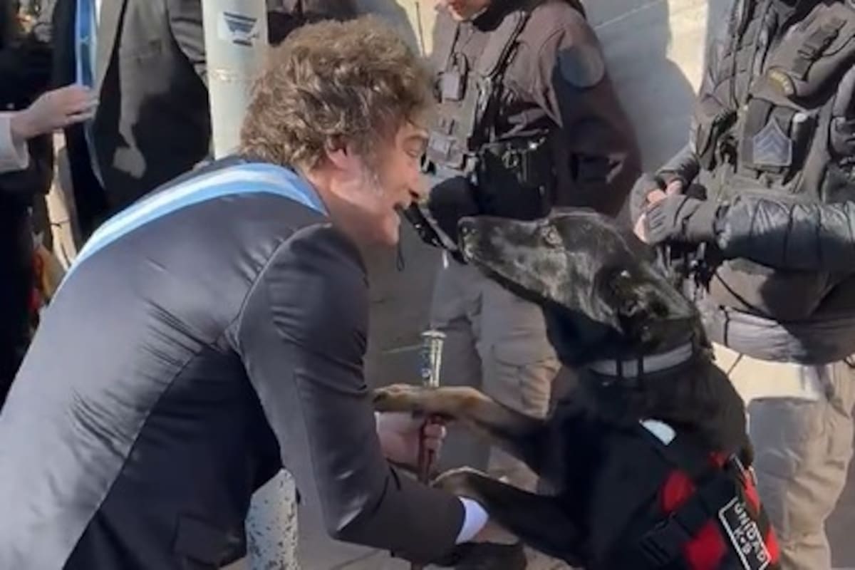 Milei y un perro de la brigada K9.