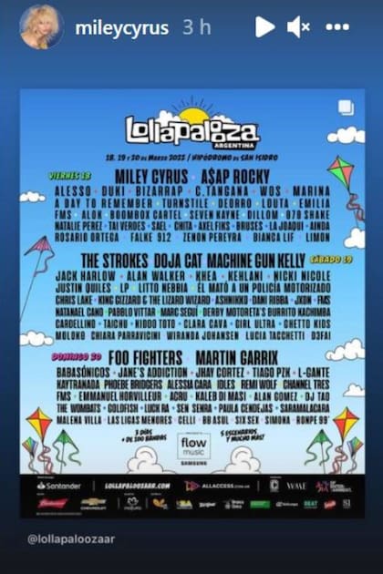 Miley Cyrus también posteó el banner del festival de Lollapalooza de la Argentina en sus historias de Instagram