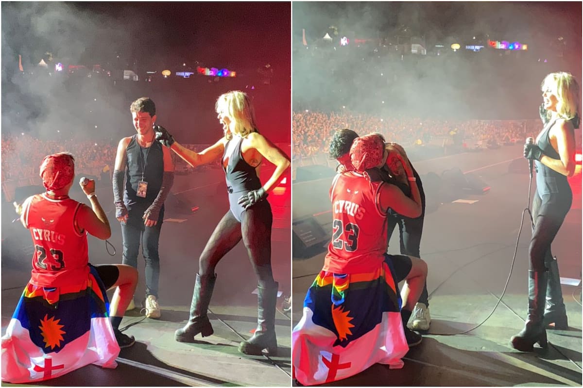 Miley Cyrus, testigo de lujo de una propuesta de casamiento de dos fans en pleno escenario (Foto: Twitter @milesholy)