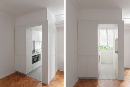 Milímetros de distancia generan una línea de sombra entre el mueble y la pared. Arriba también se evitó el encuentro de materiales desfasando la caja de melamina la parte superior en placa de yeso. Ventana (Vitrag).