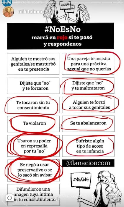 Militta Bora participó una encuesta impulsada, a través de Instagram, por LA NACION, y señaló que padeció diversos tipos de abusos; entre las opciones sugeridas, señaló que fue violada