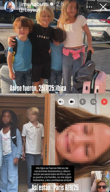 “Mis hijos se fueron felices de vacaciones ilusionados y ahora están secuestrados en París por su padre y la familia. No me dejan hablarles”, escribió Buttigliengo en su cuenta de Instagram compartiendo la noticia