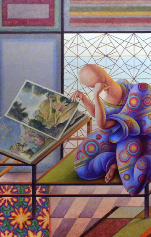 Guillermo Pérez Villalta es uno de los artistas fetiche del director español. Una reproducción de "Artista viendo un libro de arte" (en la foto, detalle) ocupa un lugar central en el living del protagonista de Dolor y gloria
