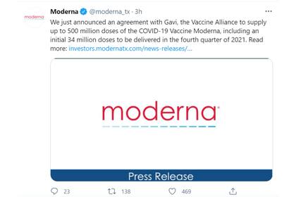 Moderna hizo el anuncio a través de su Twitter